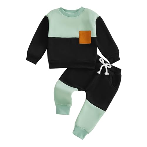 Barbotimer Infant Toddler Baby Boy Autumn Winter Clothing Set Color Block Sweatshirt Long Sleeve Pullover Tops Solid Jogger Pants 2Pcs Tracksuit Set Warm Clothes (Black, 2-3 Years)