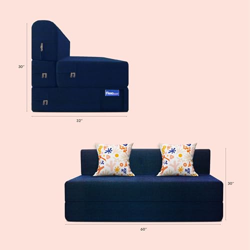Image of Starlon 3 Seater Foldable Sofa Cum Bed 3-in-1 with 2 Floral Pattern Pillows, Washable Jute Fabric Cover, Space Saving Guest Bed, Royal Navy Blue 6x6.5 Ft