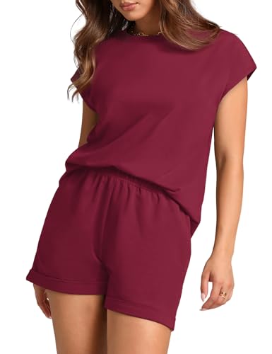 WIHOLL 2 Piece Sets for Women Casual Summer Travel Vacation Outfits Cap Sleeve Shorts Lounge Set3