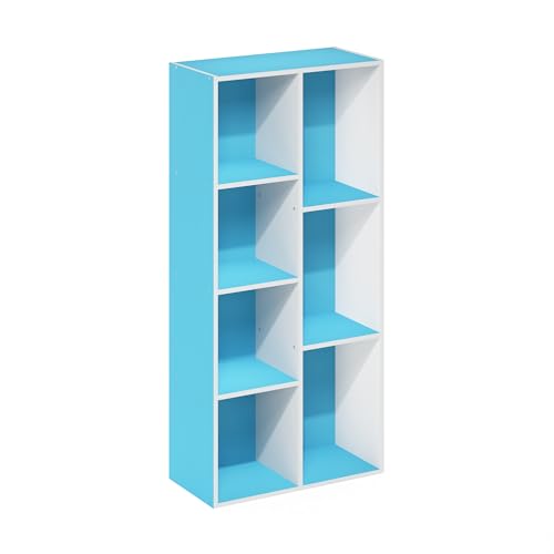 Image of Furinno LUDER Book Shelf, 7-Cube Bookshelf, Bookcase with Open Shelves, 9.4 x 19.5 x 41.7, Easy Assembly, for Living Room, Bedroom, Home Office, White /Light Blue