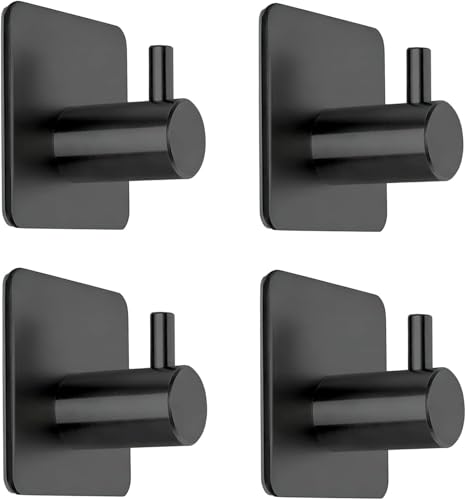 Image of JD FRESH 4 Pcs Self-Adhesive Stainless-Steel Wall Hooks for Hanging /Heavy Duty Waterproof Wall Hangers /Without Drill Sticky Hooks for Kitchen, Bathroom, Door and Office (L-Hook, Black-Square)