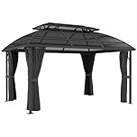 Outsunny 4 x 3(m) Polycarbonate Gazebo Outdoor, Hardtop Garden Patio Gazebo with Curtains, Nettings, Double Roof, Aluminium Frame for Lawn, Yard, Patio, Deck, Black