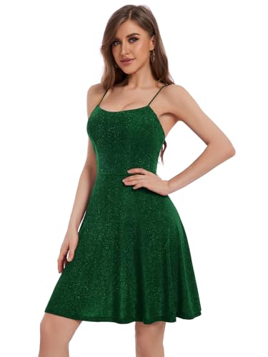 Image of Bbonlinedress Spaghetti Straps Sparkly Homecoming Dress Fit and Flare Glitter Mini Swing Semi Formal Prom Party Club Dress