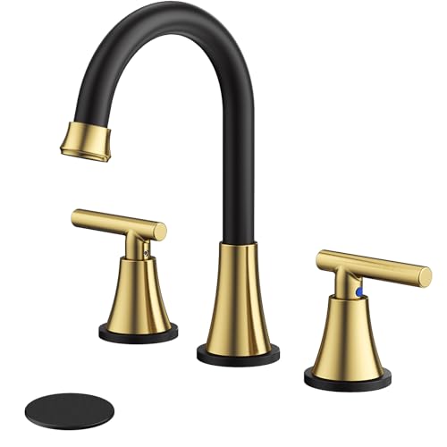 Image of Bathroom Faucet 3 Hole, Black& Gold Faucets with Drain and Supply Lines | Hurran Stainless Steel Lead-Free Widespread Bathroom Sink Faucet for Vanity RV Restroom Laundry Outdoor Utility Sink