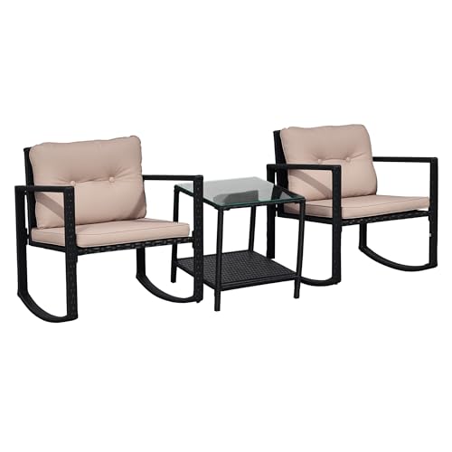 Outsunny Ensemble de Jardin 3 pièces Style Cosy 2 fauteuils à Bascule avec Coussins Assise Dossier + Table Basse en Verre trempé Cadre en Acier résine...