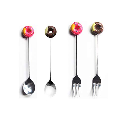 KICCOLY Set di 4 Posate in Acciaio Inox con Cucchiaio, forchetta, Servizio per 2, Posate e cucchiai da Dessert, Acciaio Inox, Donut