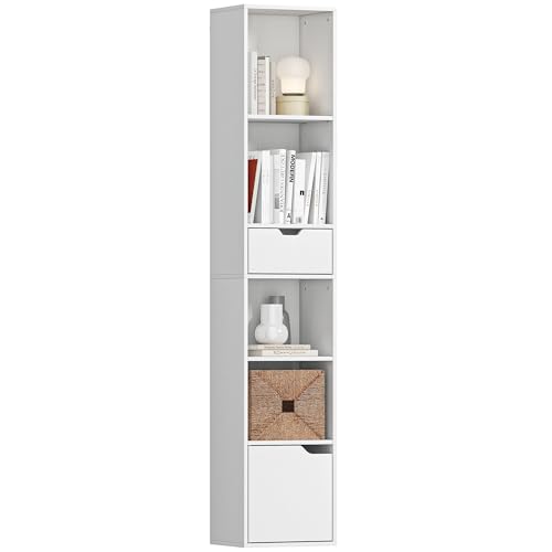 HOMCOM Bücherregal Regal mit 6 Ebenen,Schmal Standregal mit Schublade, verstellbar Ablage, Schranktür, Dekoregal Aufbewahrungsregal für Wohnzimmer, Homeoffice, Schlafzimmer, 30 x 24 x 158 cm, Weiß