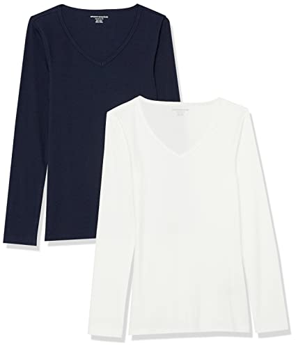 Image of Amazon Essentials Women's Slim-Fit Long Sleeve V-Neck Knit Rib Shirts, Pack of 2