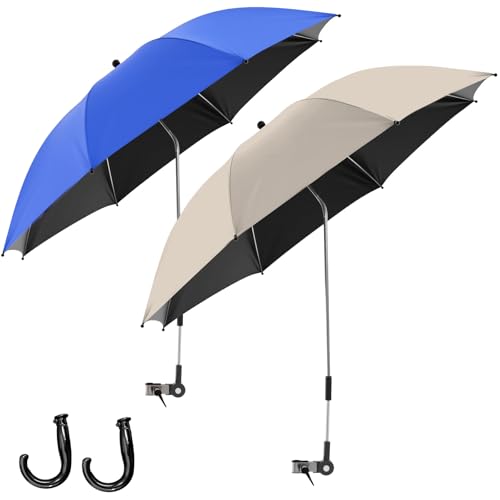 Talltalk 2 Pcs Beach Umbrella with Universal Clamp Adjustable Beach Shade UV Protection Chair Portable Outdoor Umbrella for Camping Patio Chairs Golf Carts (Dark Blue, Beige)