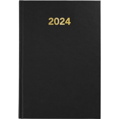 Grafoplas - Agenda 2024 Día Página, Negro, Tapa Dura, Español, Punto de Lectura, Cubiertas Vinilo, 14,5x21cm, Baviera, Perfecta para Organización Personal