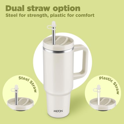 Image of MILTON Malmo 1200 Thermosteel Double Wall Vacuum Insulated Stainless Steel Water Tumbler with Handle 1100ml,Travel Mug with Straw,Silicon Cap,Cleaning Brush,Hot & Cold Beverage Flask, Cream