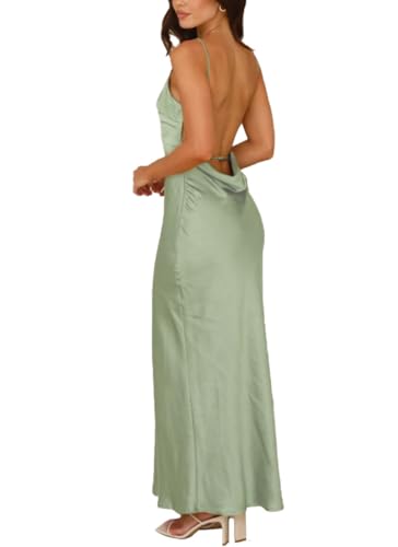 Image of Summer Satin Maxi Dresses for Women 2026 Elegant Classy Silk Formal Sleeveless Open Back Spaghetti Strap Wedding Guest Dress
