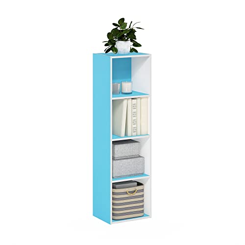 Image of Furinno PASIR Book Shelf, 4-Tier Modern Bookshelf, Open Shelves Bookcase 9 x 12 x 42, Easy Assembly, for Living Room, Bedroom, Home Office, Light Blue /White