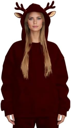 Christmas Hoodie Womens Antler Plus Size Casual Long Sleeve Xmas Pullover Sweatshirts Funny Vacation Sweater Hoodies