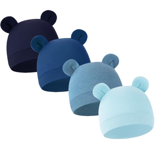4 Pack Cotton Newborn Baby Hat with Cute Bear Ears, High Elasticity No Scratch Infant Caps for Baby Girls Toddler Hats Solid Color Infant Beanie Caps for 0-6 Months Autumn Winter Spring