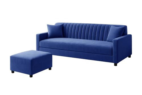 Image of Modern 3-Seater Wooden Sofa Set with Ottoman, Soft Velvet Upholstery, Comfortable Couch for Living Room, Office & Apartment - Blue Color
