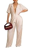 Ekaliy Women's 2 Piece Casual Pleated Outfits Short Sleeve Button Down Shirt High Waist Wide Leg Trouser Sets Suit Beige L