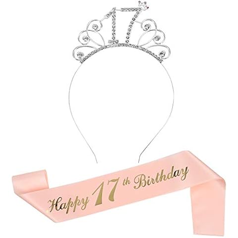 17th Rose Gold Happy Birthday Sash and 17 Birthday Tiara Rhinestone Crown Headband for 17 Birthday Gift Party Accessories,17th Birthday Decoration Girls Women Cover
