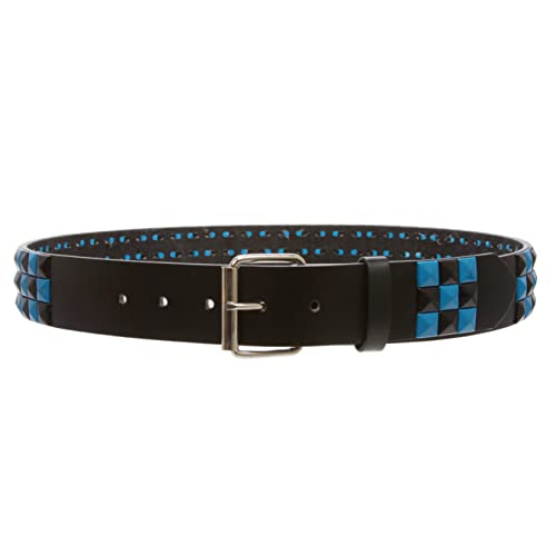 Snap On Punk Rock Black & Azure Blue Star Studded Checker Board Leather Belt2