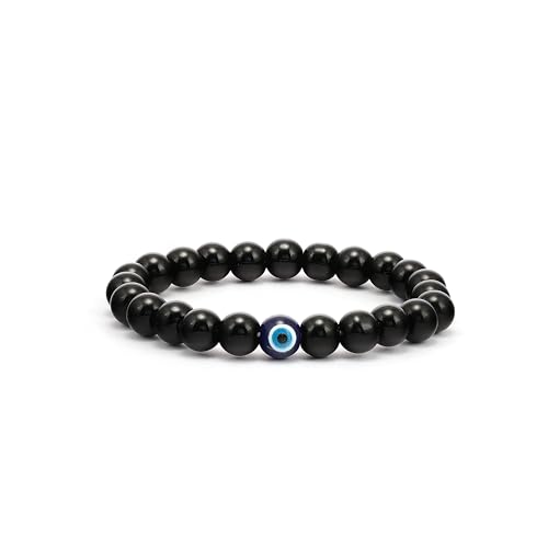 Pulsera elástica con obsidiana negra natural y ojo turco miniatura 1