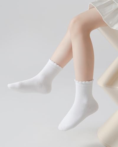 4-10Y Girls Ruffle White Cotton School Uniform Socks Cute Crew Ankle Scallop Dress Socks for Kids 6 Pack4