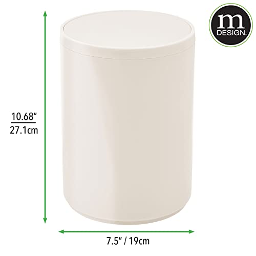 Image of mDesign Plastic Small Slim Round 1.7 Gallon /6.5 Liter Trash Can with Removable Swing Lid - Wastebasket, Garbage Container Basket Bin for Master /Guest Bathroom - Holds Rubbish /Recycle - Cream /Beige