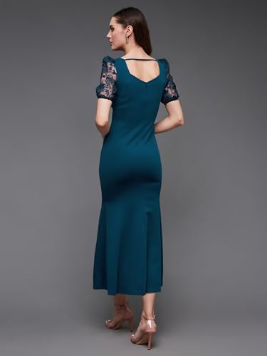 Image of Miss Chase Womens Bodycon Square Puff Sleeve Solid Lace Overlaid Ankle Length Dress