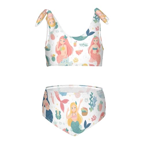 Mermaid Pattern Print with Cute Girls Girl Two Piece Kids Bikini Set Scoop Neck Swimsuits Swimming Suits Adjustable