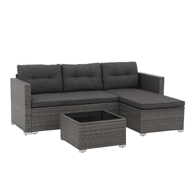 i-VTIES Patio Furniture Set, 3 Pieces Patio Wicker Conversation Sofa Set, Outdoor/Indoor Wicker Rattan Sofa with Cushion, Pillows and Glass Table(Grey)