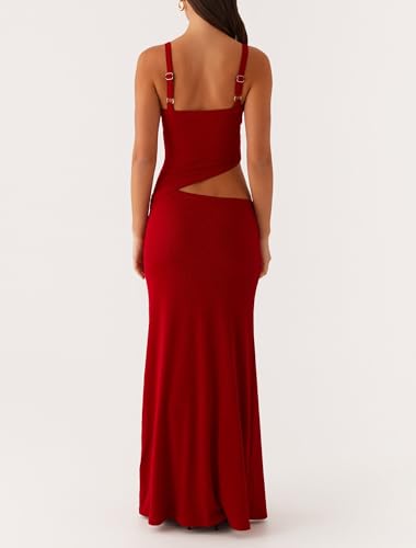 Image of NUFIWI Women Sexy Cutout Long Dress Spaghetti Strap Ruched Bodycon Maxi Dress Backless Hollow Cocktail Dresses