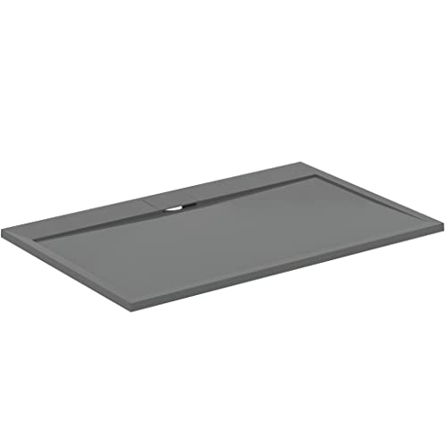 Ideal Standard - Ultra Flat S i.life, Plato de ducha rectangular 140 x 90 cm, de resina, desagüe lateral largo, acabado mate efecto piedra, gris cemento