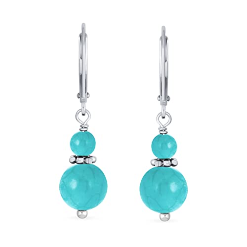 Gemstone Natural Blue Turquoise Boho Bali Milgrain Edged Beaded Rondel Separator Double Ball Round Drop Dangle Earrings For Women Teen .925 Sterling Silver Lever Back #TOP1