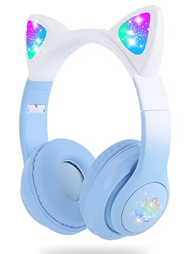 Bluetooth Kopfhörer Kinder,SENCU Kabellos Kinder Kopfhörer mit LED-licht Katzenohren und Mikrofon,HD Stereo Sound Faltbare Mädchen Kopfhörer für PC/Telefon/Lernen/Reisen (Farbverlauf blau) Cover