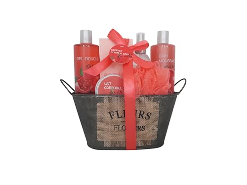 French Tendance - French Tendance - Coffret Bain Grenade - Gel Douche 210ml, Bain Moussant 90 ml, Gommage, Savon, Fleur de Massage - Cadeau Femme Beauté, Soin Corps - Kit Cocooning Baignoire Vintage Grenade