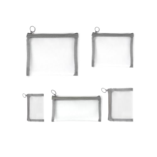 patu Zipper Mesh Bags, Pack of 5 (XS/S/M/L & Long Pouch), Beauty Makeup Cosmetic Accessories Organizer, Travel Toiletry Kit Set Storage Case, Gray