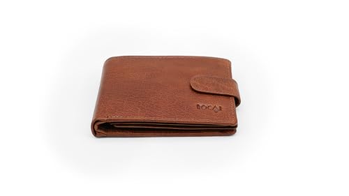 Rocai Men's Genuine Leather Wallet/Coin Packet/2 Transparent Slots for ID Cards/2 Hidden Pockets/Inner Side Zipped Pocket/9 Card Slots/2 billfold pockets/Snap Button Closure, Brown, 2853CU