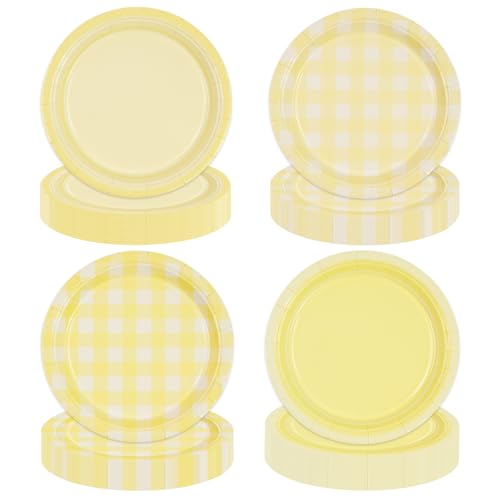 EVYIENEN Lot de 48 assiettes jetables en carton jaune de 17,8 cm avec motif à carreaux pour anniversaires, fêtes prénatales, mariages, camping et fêtes à...