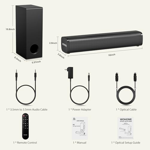 Wohome Sound Bar for Smart TV with Wired Subwoofers, 2.1 Channel Small TV Soundbar Speakers, Home Theater Surround Sound System, Bluetooth 5.3/ Optical/AUX Connectivity