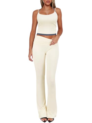 Image of Bellelily Women's 2 Piece Sets Casual Summer Outfits Spaghetti Strap Crop Tank Fold Over Yoga Flare Pants Comfy Loungewear