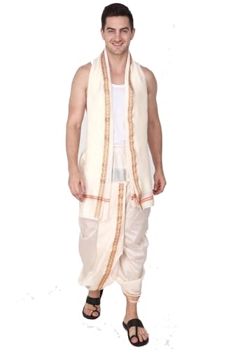 Image of Rameshwaram Fabrics Mens Ready to Wear Silk Dhoti with Angwastra Set - Pocket Dhothi
