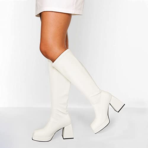 STALOV Platform Gogo Boots for women Knee High Square Toe Tall Boots Block Chunky Heel Stretchy Leather Long Boots4