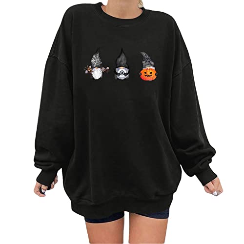 Womens Halloween Jumper - Women's Halloween Plus Size Pullover Graphic Print Round Neck Long Sleeve Sweatshirt Hoodie Casual Cosy Autumn Winter