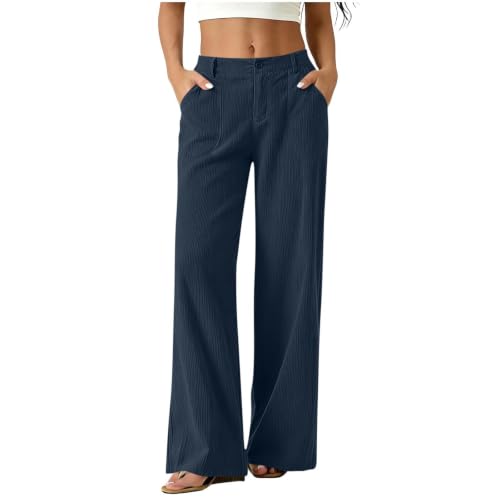 Comfortable Pants for Women Casual Womens Corduroy Pants Wide Leg High Waist Casual Fall Trousers with Pockets Navy M 10 Capsule Wardrobe Pieces