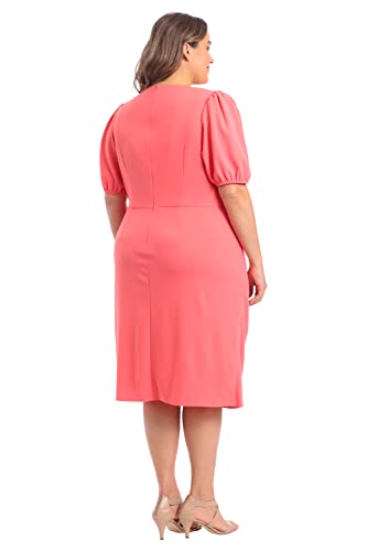 London Times Women's Plus Size Puff Sleeve Side Tie Faux Wrap Crepe Dress Career Wear To Work Desk To Dinner Guest Of, Calypso Coral #TOP2
