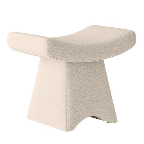 Koadac Ottoman Makeup Vanity Stool Chair, Boucle Curved Saddle Seat Light Camel Upholstered Foot Rest for Bed Room & Living Room