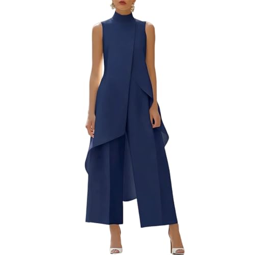Conjunto formal de dos piezas con top de cuello alto falso y pantalón fluido