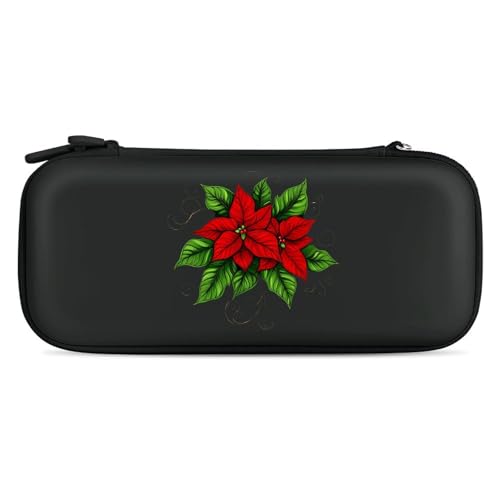Poinsettias Christmas Flowers Compatible with Switch Carrying Case Hard Travel Game Bag Pouch with 15 Games Accessories Black-style