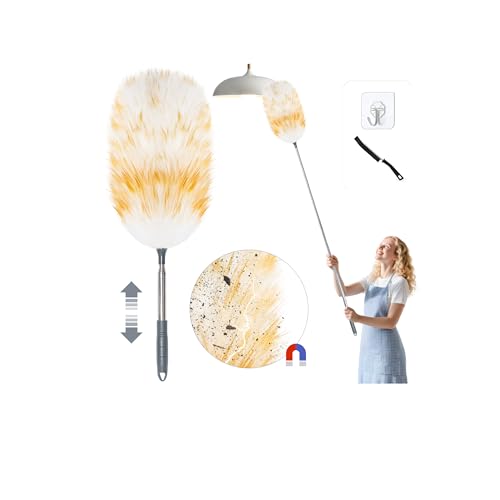 Loveco Plumero telescópico de Lana de Cordero, Lavable, Extensible hasta Aprox. 130 cm, absorción electrostática de Polvo para techos y Superficies delicadas, eliminación de Polvo sin
