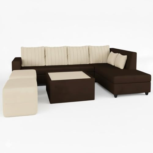 Image of CASASTYLE Stylano 8 Seater Fabric RHS L Shape Sofa Set with 1 Centre Table & 2 Ottoman (Cream-Dark Brown) 8 Person Seating with Premium Velvet Finish | Ideal for Living Room