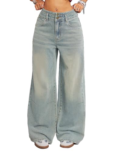 Women's Double-Breasted Jeans Vintage High Waisted Wide Leg Baggy Trousers Casual Loose Fit Denim Pants with Pockets